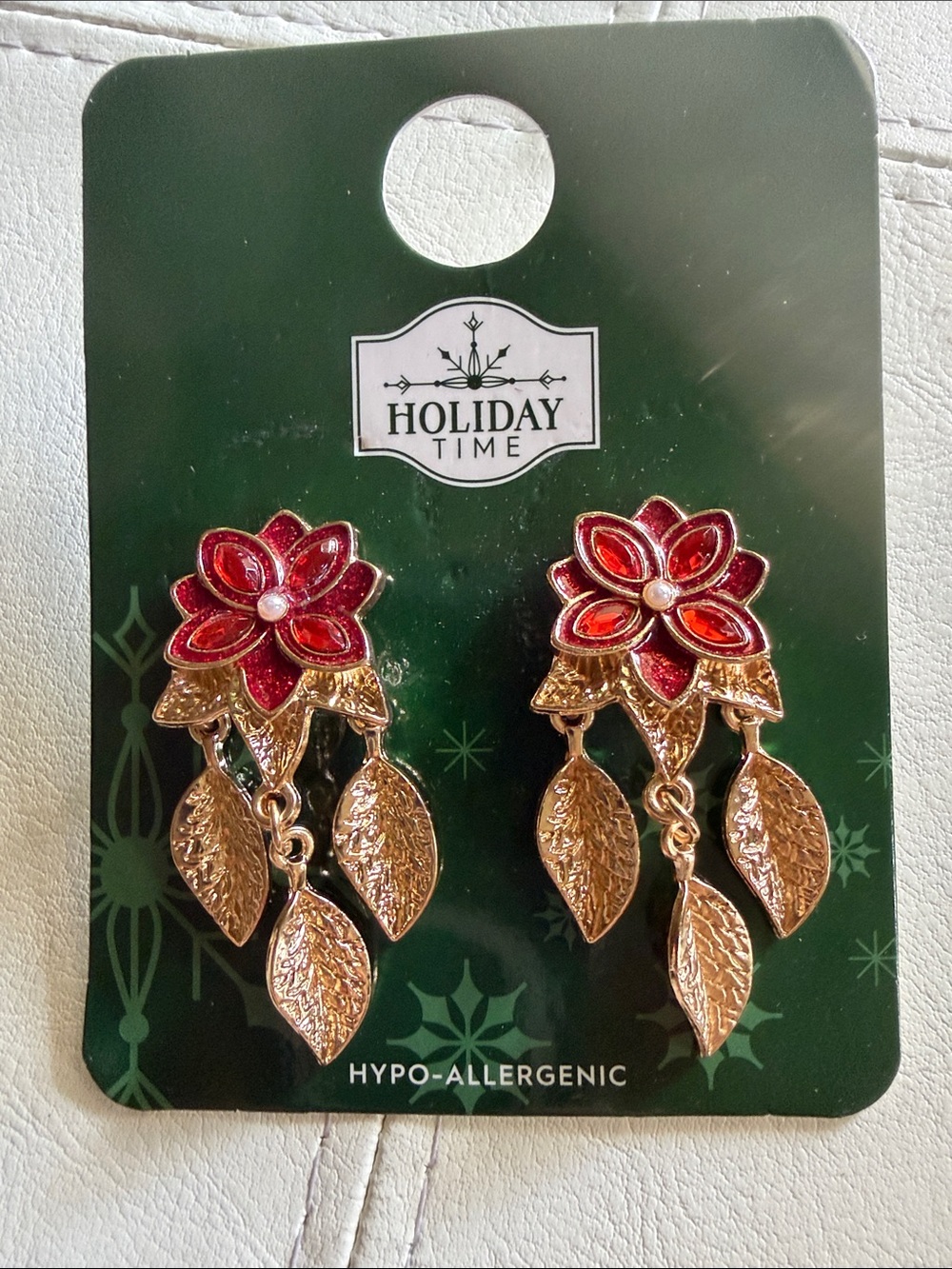 Holiday Time Gold and Red Floral Dangle Earrings